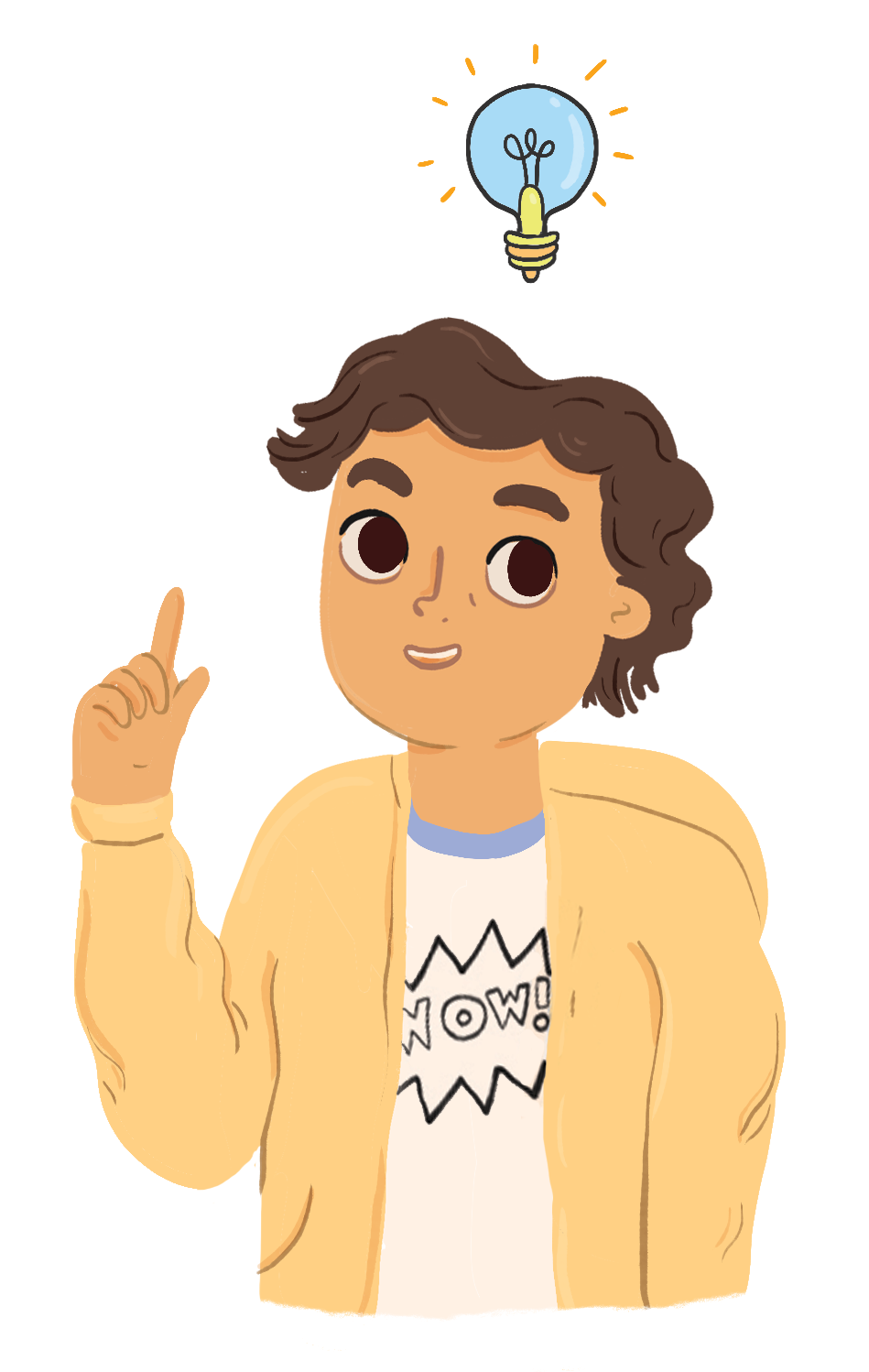 Luis has an idea! He looks at the camera and points up with a lightbulb over his head.