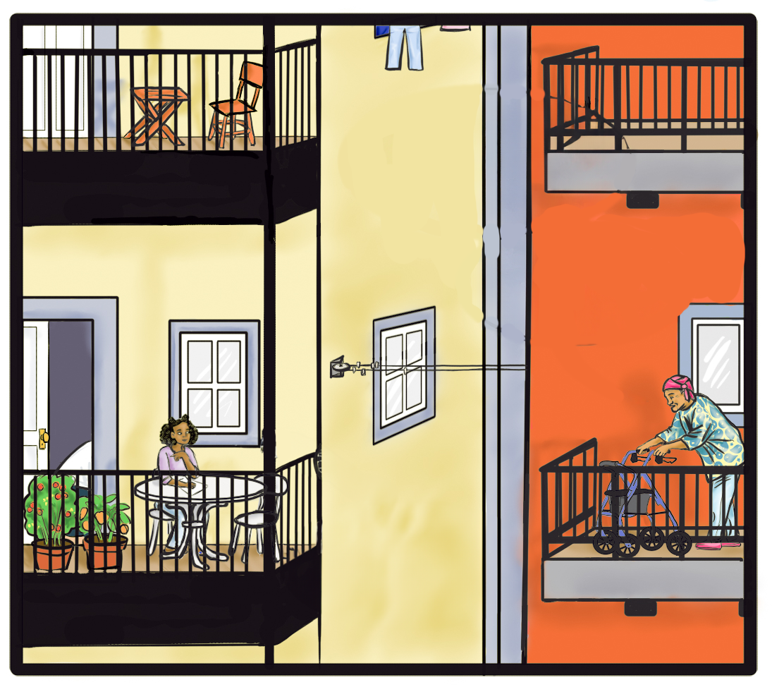 Porches stick out from two side-by-side apartment buildings. On the left porch sits a girl with medium brown skin and dark hair. writing on a piece of paper. She is surrounded by potted tomato and pepper plants. She is talking to her grandmother, who stands on the other porch. On the right porch stands an older woman with light brown skin and a head-wrap. She wears a colorful patterned shirt and uses a walker.