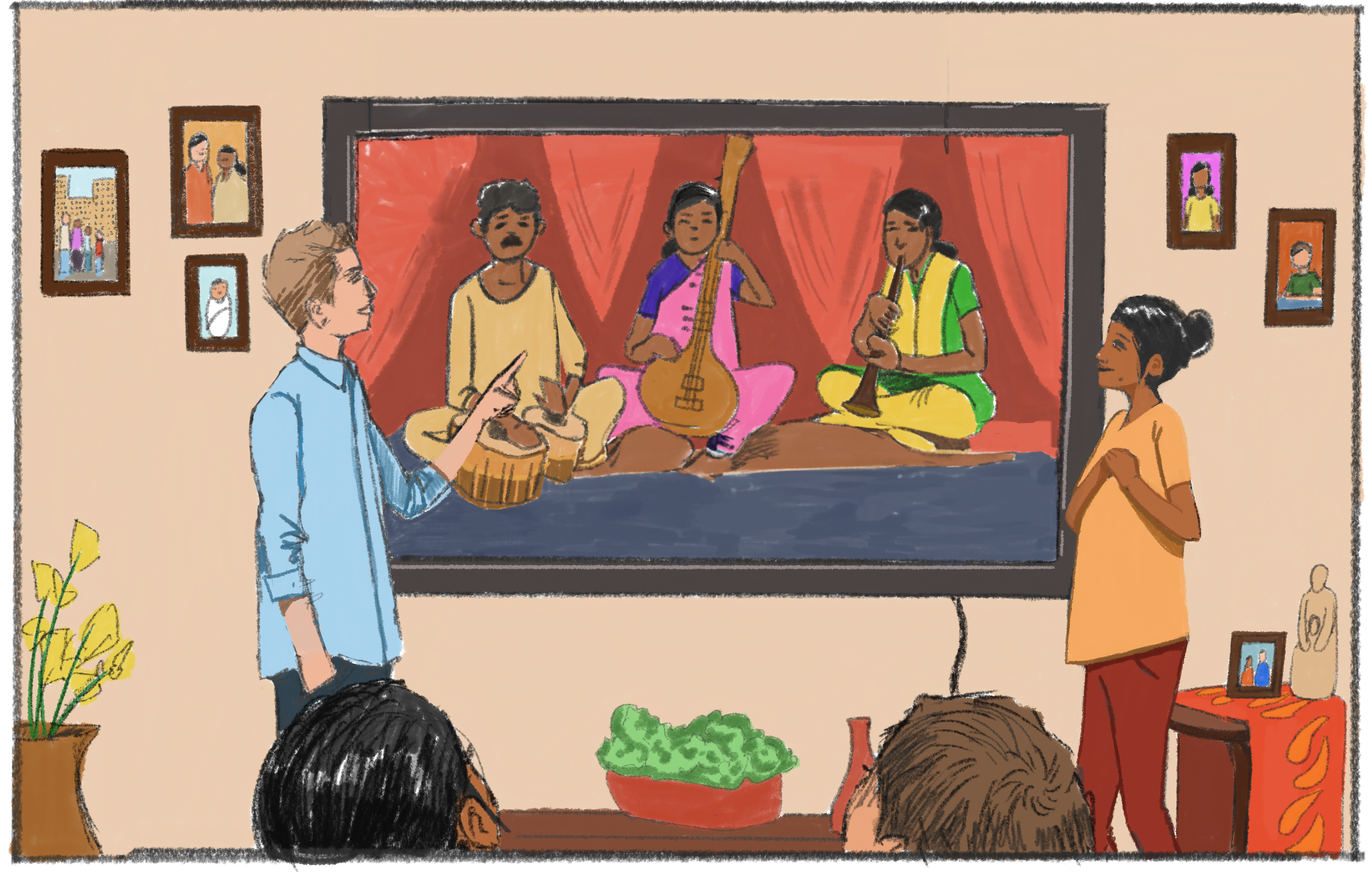 A family is watching a video on a TV. On the screen, three Indian musicians are playing traditional instruments.