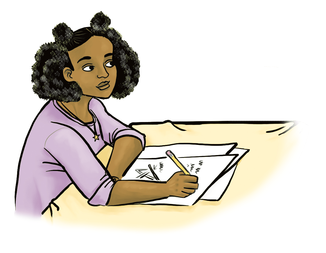 Mikayla from the "Pass the peppers" EDP activity sits at a table drawing engineering plans onto a piece of paper. 
