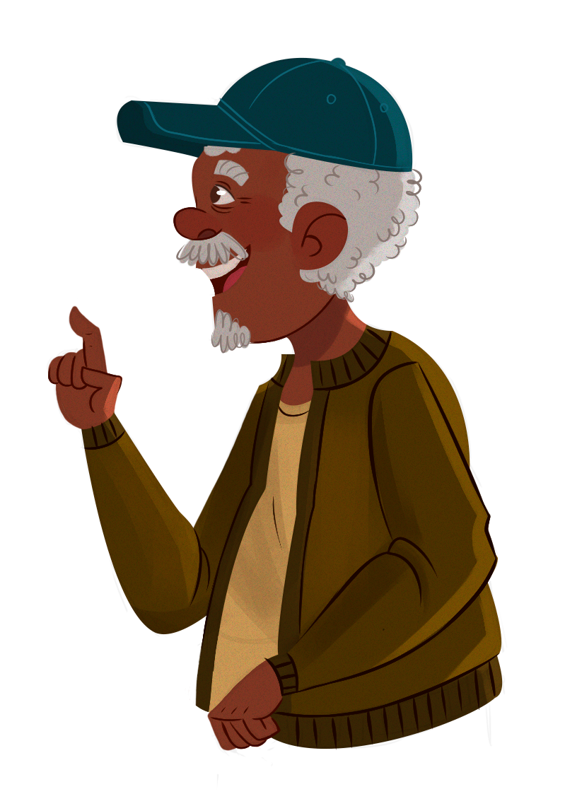 Grandpa from "Turn it up" points to the right and speaks to someone