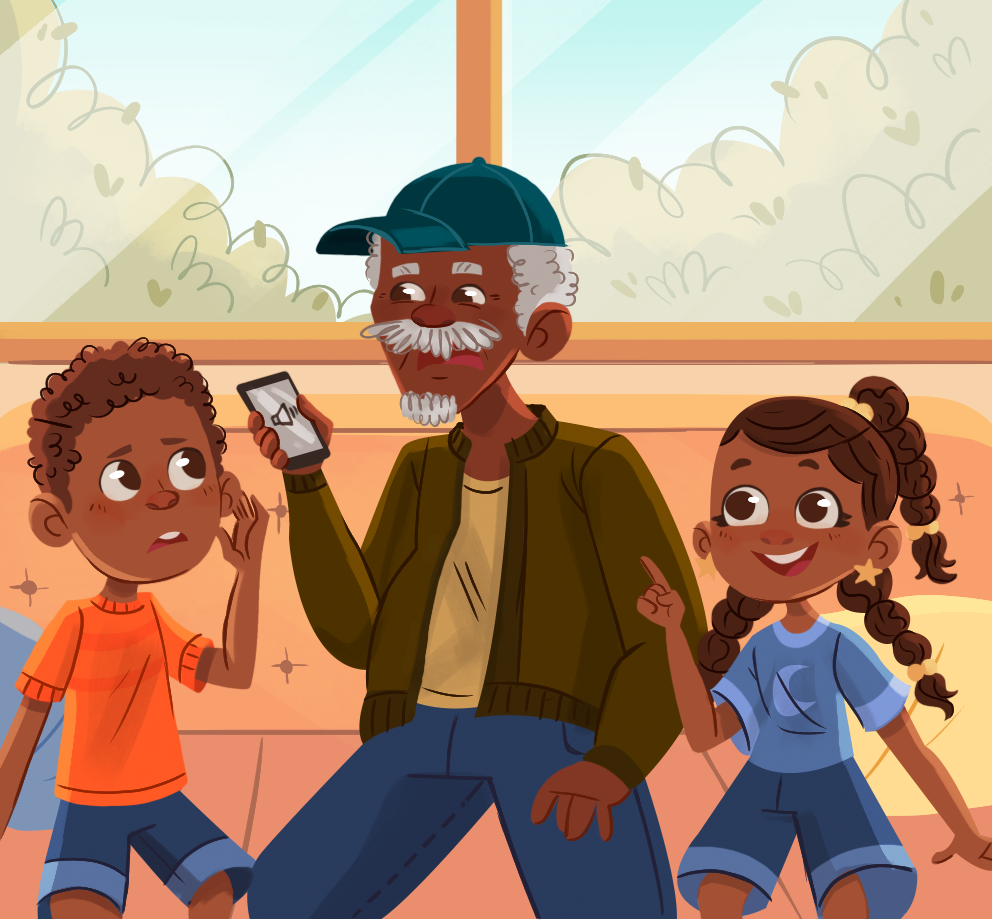 A boy, a man, and a girl sit on a couch. The boy has light brown skin and brown hair. He wears an orange shirt and blue shorts, and he is cupping a hand to his ear. The man is elderly and has dark brown skin, white hair, and a white moustache and goatee. He wears a blue baseball cap, brown jacket, yellow shirt, and blue pants. The girl has brown skin and dark brown hair in braids. The is wearing a blue shirt and blue shorts, and she is pointing one finger into the air and smiling.
