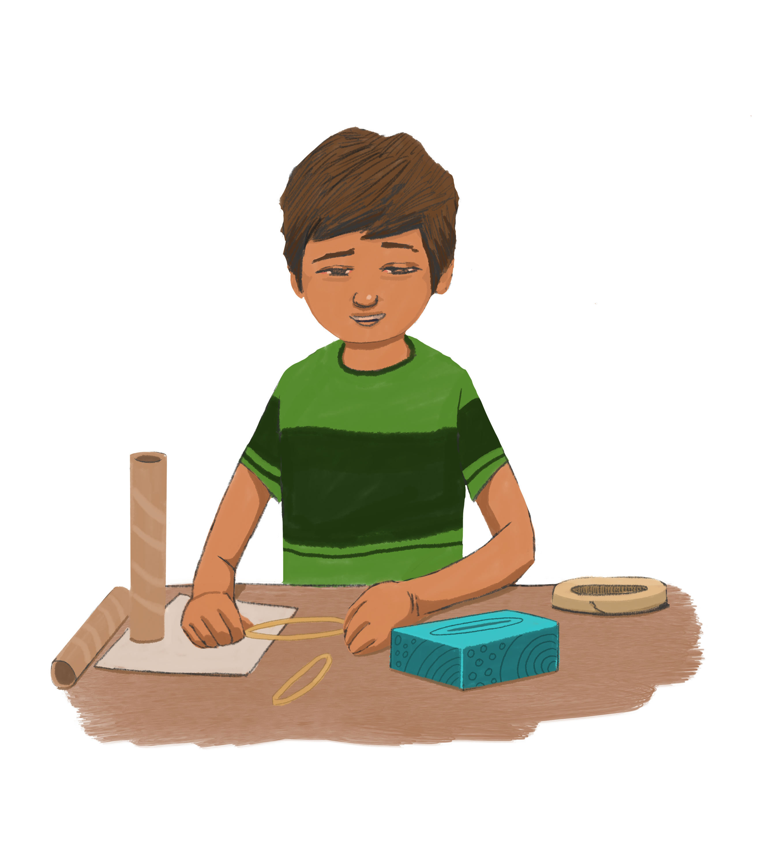 Ved from "Sounds of Celebration" starts his engineering design project by sitting at a table with materials: paper, string, boxes and a paper towel roll.