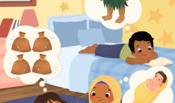 Three children in a bedroom. The youngest girl has light brown skin, is wearing red overalls and is imagining three magic bags. Another girl with medium brown skin, wearing a hijab and pink pants, is writing ideas on pieces of paper. A third boy with medium brown skin and a striped shirt is reading a book on a bed and thinking about a giant.