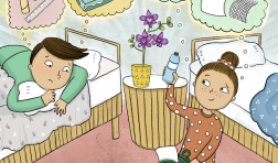 Two kids and a bug are in a bedroom. The boy has light skin and dark brown hair. He is wearing green pajamas, lying on a bed, and looking down at the bug. The girl has light skin and medium brown hair. She is wearing polka-dot pajamas, kneeling on the floor, and holding a backpack and a water bottle. The boy is thinking about a cardboard tube, stick, a ruler, a box of tissues, and a tray. The girl is thinking about a cup, a jar, a piece of mesh, and a piece of paper.