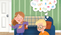 A girl and boy are in a living room. The girl has light skin and red-brown hair. She is wearing a sweatshirt, jeans, and ankle braces for balance and mobility. She is smiling and dancing. The boy has light skin and blond hair. He is wearing a t-shirt and jeans. He is kneeling on the floor, writing on pieces of paper that are covered in symbols. He is thinking about many different symbols, including hands clapping, a person jumping, arrows going in different directions, and numbers surrounded by arrow loops.