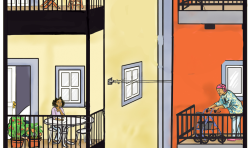 Porches stick out from two side-by-side apartment buildings. On the left porch sits a girl with medium brown skin and dark hair. writing on a piece of paper. She is surrounded by potted tomato and pepper plants. She is talking to her grandmother, who stands on the other porch. On the right porch stands an older woman with light brown skin and a head-wrap. She wears a colorful patterned shirt and uses a walker.