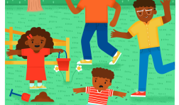Two men, a girl, and a boy are in a grassy field with a tree in the distance. The girl has dark brown skin and dark hair. She is wearing a red dress and yellow shoes. She is holding up a red bucket. The boy has light brown skin and light hair. He is wearing a striped shirt and blue pants. He is balancing on one leg. One of the men has light brown skin, brown hair, and a beard. He is wearing a t-shirt, jeans, and yellow shoes. He stands in a walking position with his legs apart and arms swung out. The other