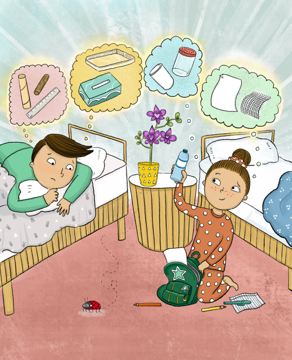 Kenji and Emi from the "Bye Bye Bug" engineering activity look through a backpack and consider what materials they might be able to use to catch and move a bug. They find things like a ruler, mesh, a bottle, a cup, a tissue box and a paper towel roll.