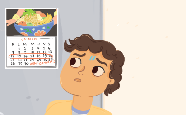 A boy with light brown skin, curly hair, and a yellow hoodie looks with concern at a calendar on the wall. A week is circled on the calendar with "Aunt Camila's" written next to it.