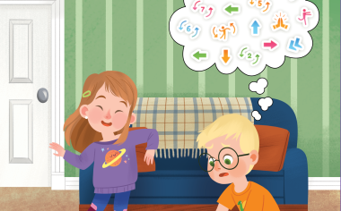 A girl and boy are in a living room. The girl has light skin and red-brown hair. She is wearing a sweatshirt, jeans, and ankle braces for balance and mobility. She is smiling and dancing. The boy has light skin and blond hair. He is wearing a t-shirt and jeans. He is kneeling on the floor, writing on pieces of paper that are covered in symbols. He is thinking about many different symbols, including hands clapping, a person jumping, arrows going in different directions, and numbers surrounded by arrow loops.