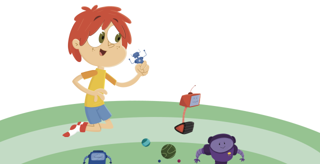 A young boy playing with his action figures